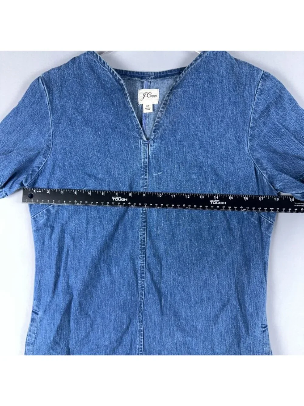 J. Crew Denim Dress Size 4 Petites V-Neck Shift Short Sleeve 100% Cotton Blue